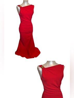 Zara Women’s Red One Shoulder Ruched Maxi Dress Gold Hardware Evening Gown XS